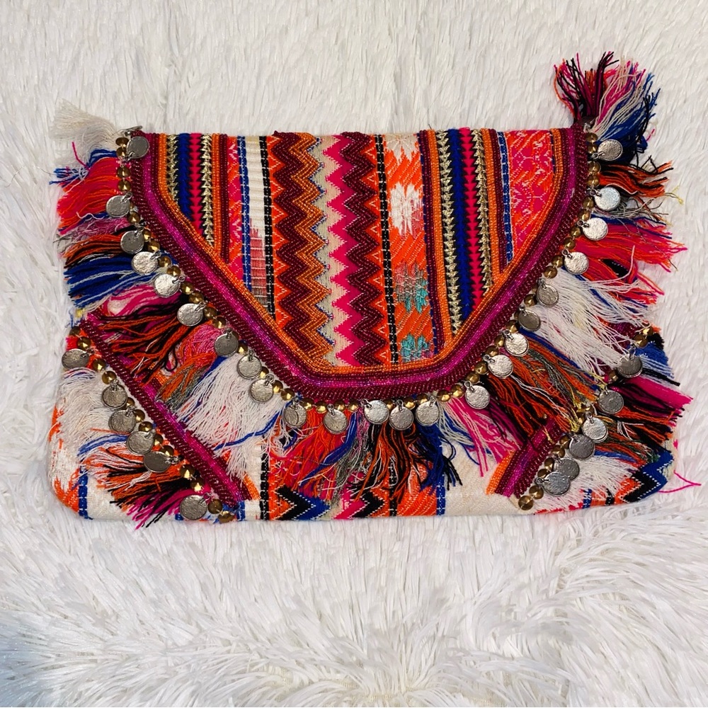 Steve Madden Beaded Fringe Boho Clutch w/ Strap